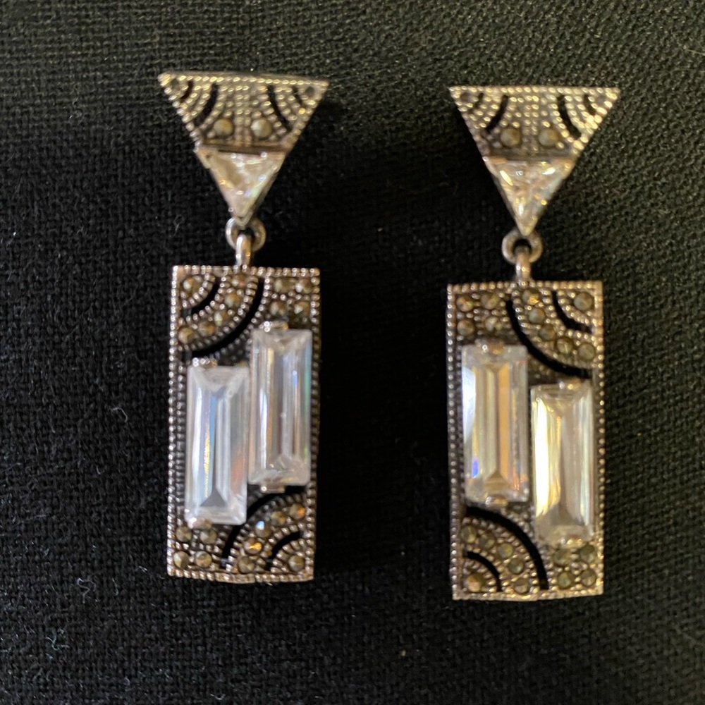 Sterling, marcasite, and crystal statement earrings.